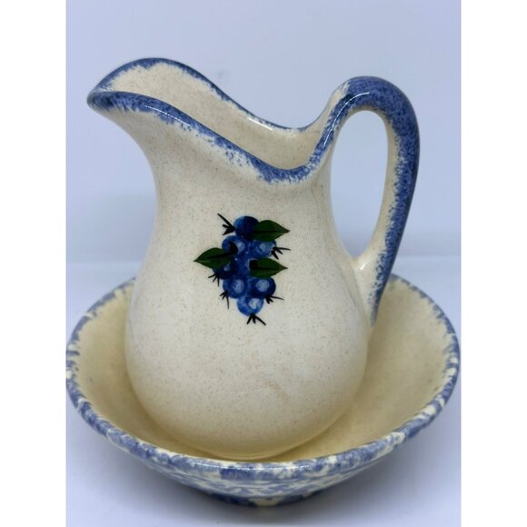 VTG Art Pottery Pitcher & Spongeware Bowl Set Blue Cream Blueberry Design Decor - Picture 8 of 8